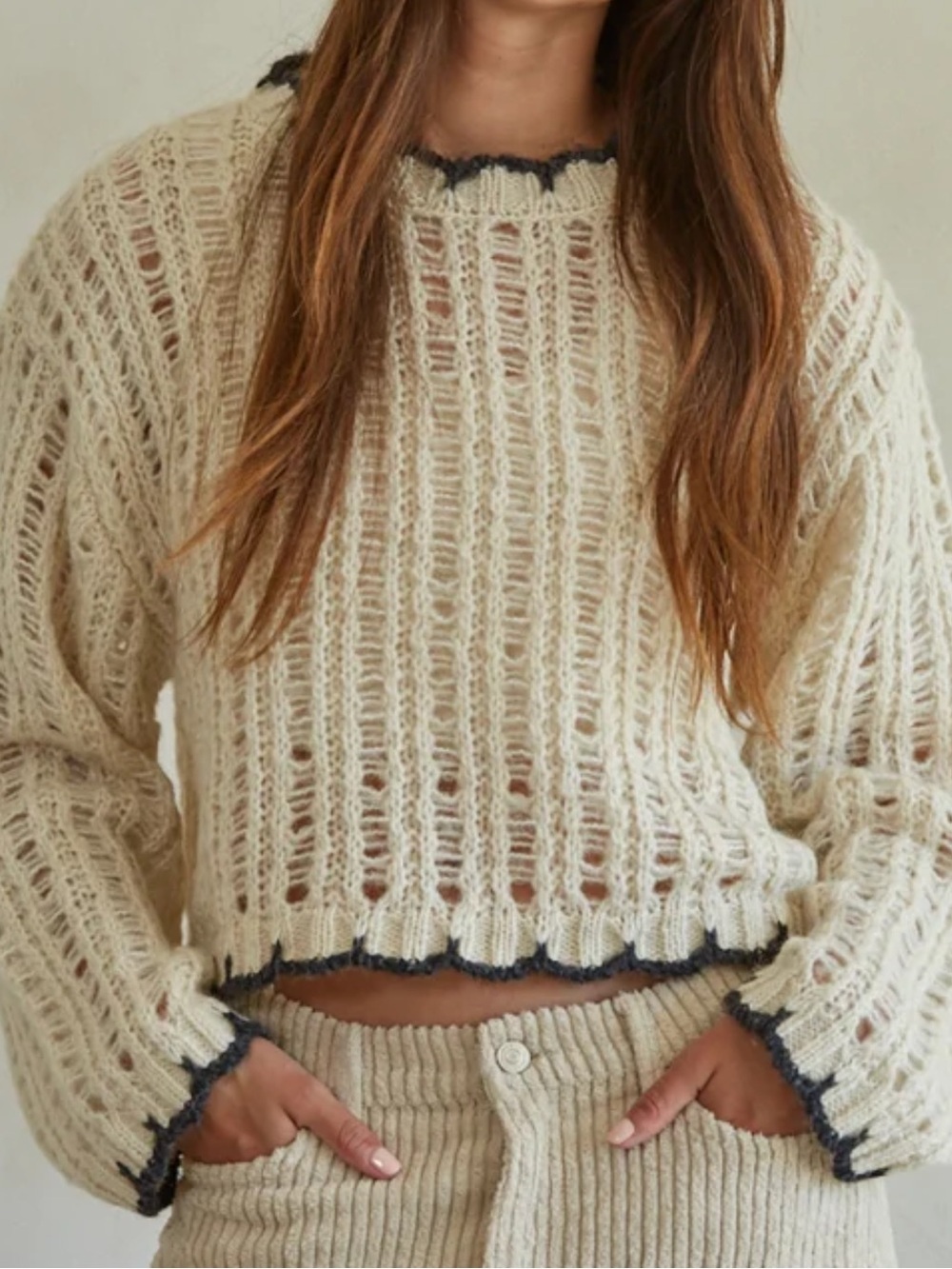 LANE 201 - Cream Open-Knit Cropped Sweater with Contrast Trim - Women’s Large
